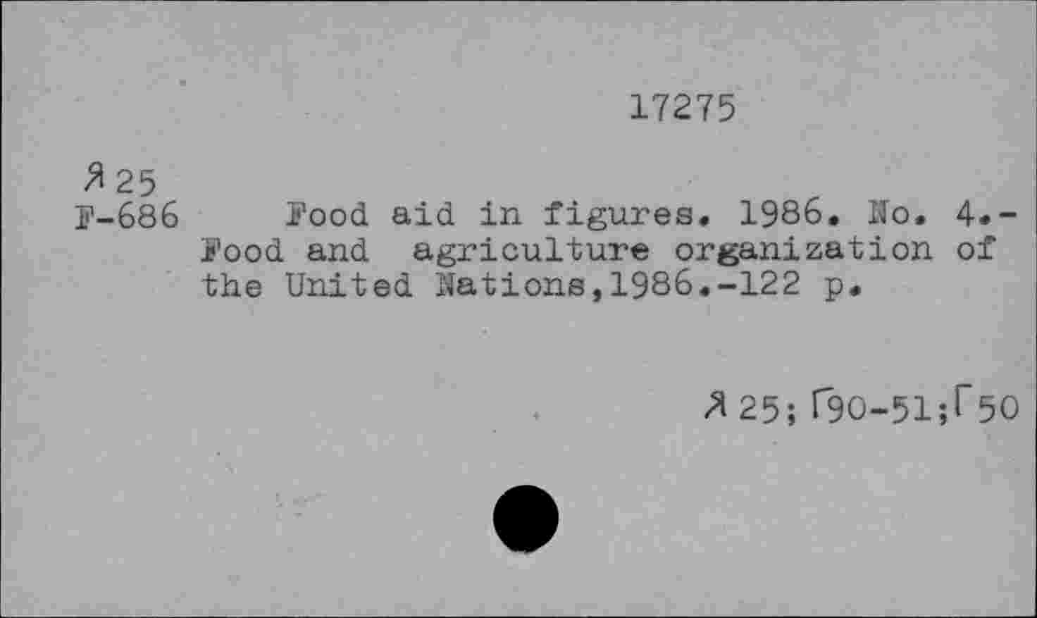 ﻿17275
fl 25 P-686
Pood aid in figures« 1986. No. 4.-Pood and agriculture organization of the United Nations,1986.-122 p.
* 25; r9O-51;l~5O